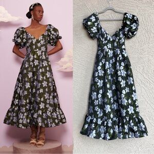 DREAM SISTER JANE NWT Black Blue Silver Floral Jacquard Puff Sleeve Maxi Dress